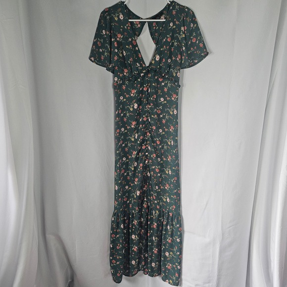 Forever 21 Green Floral Print Maxi Dress Open Back Button Front Flutter Sleeve - Picture 1 of 8